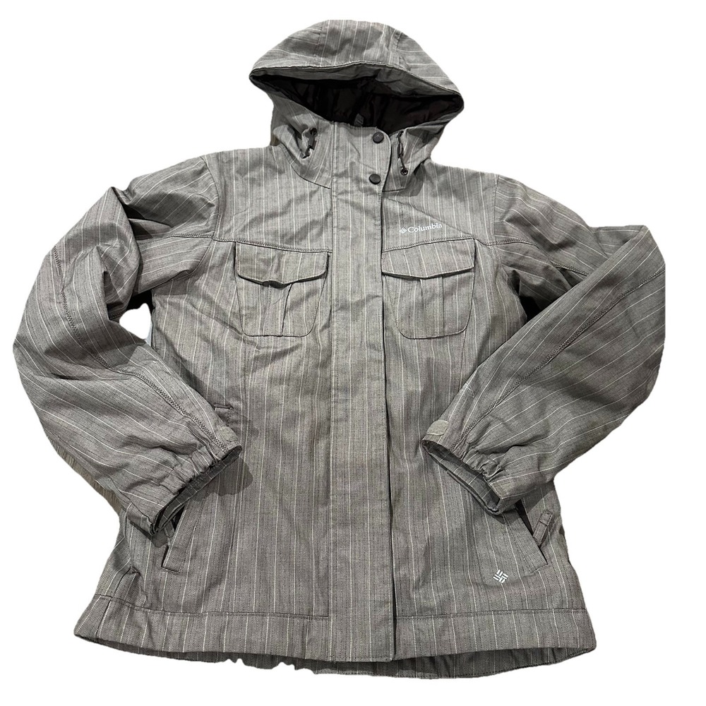 Women's Columbia Winter Jacket Size Small Gray Stripe Hood Lined Full Zip